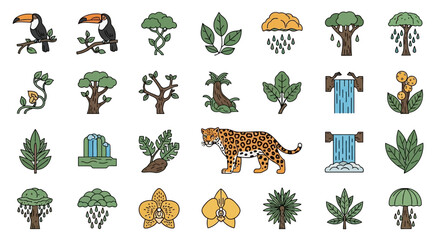 Obraz premium Collection of jungle elements: jaguar, toucans, trees, flowers, waterfall, rain