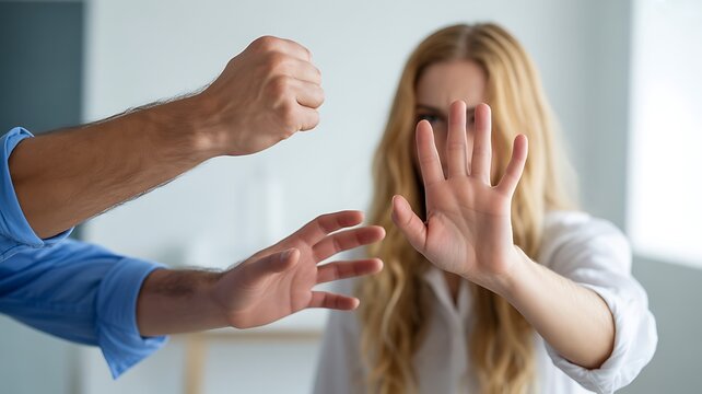 Man raising fist towards woman putting hand up in defensive gesture