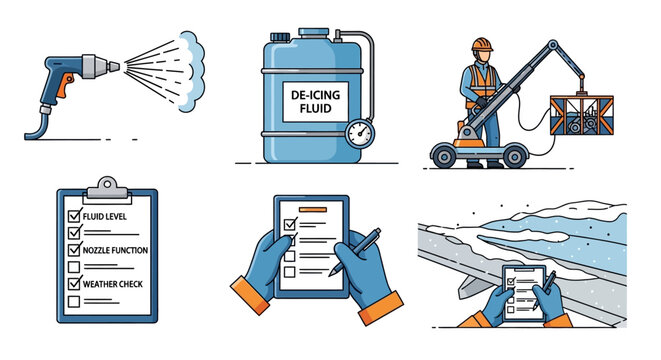 Aircraft De-icing and Maintenance Procedures Icons Set