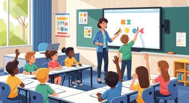 Diverse group of young students actively participating in a classroom setting as a teacher instructs them using a smartboard with geometric shapes