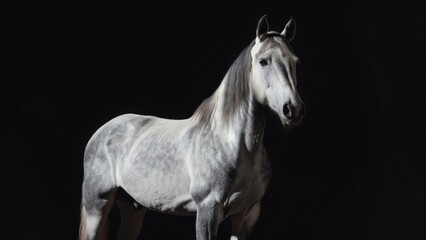 Fototapeta premium Light gray horse standing alert against dark studio backdrop