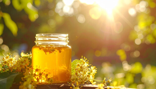 Glass jar of honey with linden flowers in sunlit garden, organic and natural product concept, warm golden tones. Tasty sweet food.