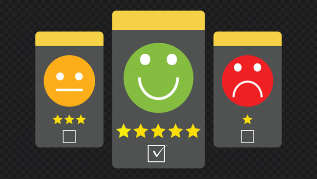 Three feedback cards with emoticons and star ratings