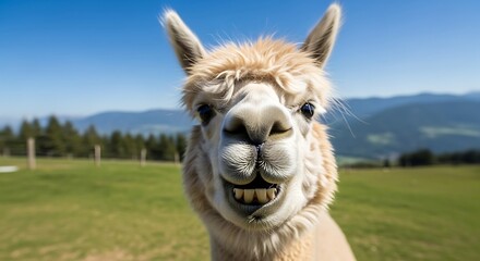Fototapeta premium A close-up, humorous portrait of a fluffy alpaca with a wide, toothy grin in a sunny, green field.