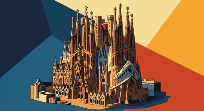 Striking geometric abstract backdrop complements the detailed gothic basilica