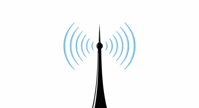 Black broadcast tower emitting blue signal waves