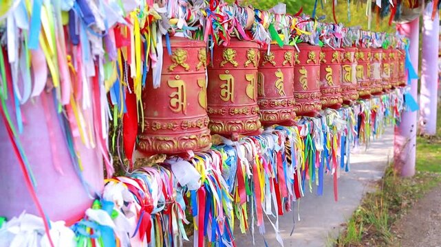 A close-up of red prayer drums khurde . An attribute of Buddhist rituals. Buryatia, Arshan, Russia.