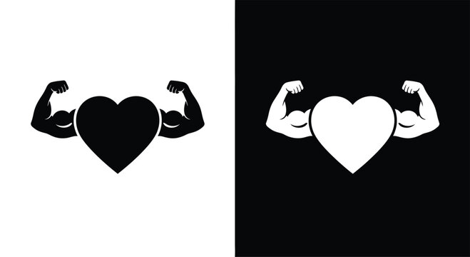 Heart icon with flexed biceps on black and white backgrounds, love yourself