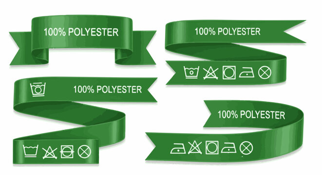 Green fabric ribbons with washing instructions and material content