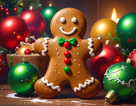 Festive Christmas Gingerbread Man Amidst Ornaments and Warm Candlelight Ambiance