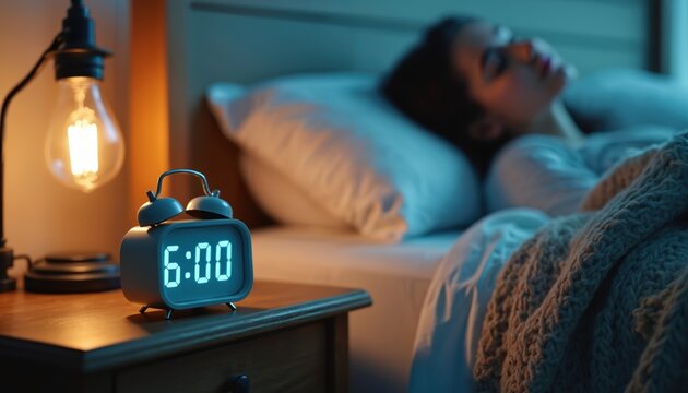 Digital alarm clock shows 6 AM on bedside table. Woman slepic in bed under blanket, warm lamp light glows. Peaceful morning awakening routine starts. New day begins.