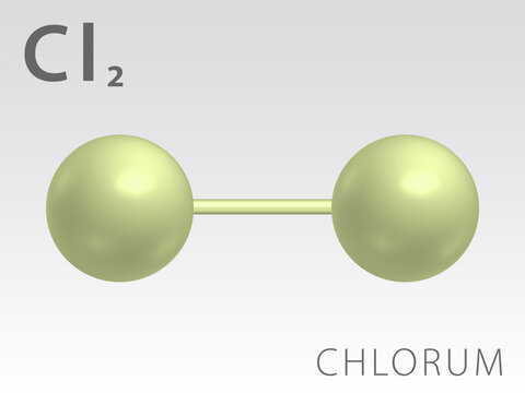 Chlorum Cl2 molecule model and chemical formula.  Gas. Three dimentional model of Chlorine, Illustration on white background. EPS10.