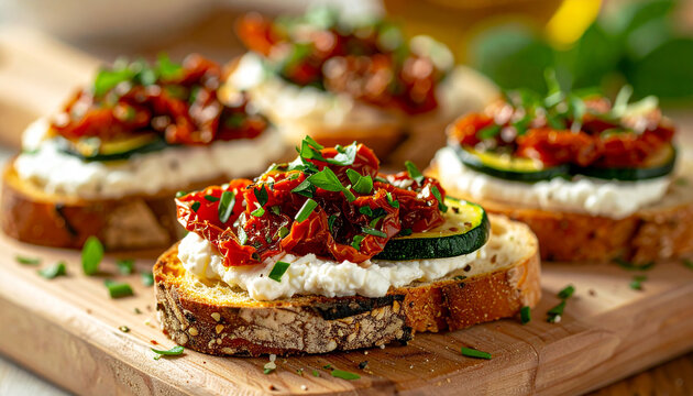 Italian bruschetta bread with cream cheese, zucchini, dried tomatoes and fresh herbs, elegant canape with ricotta cheese, appetizing gourmet food