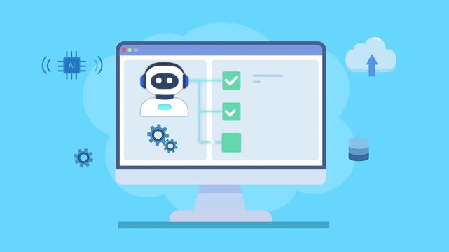 Flat vector animation of a task management dashboard with robot assistant, checklist, settings gear, and workflow elements, representing automation and productivity systems.