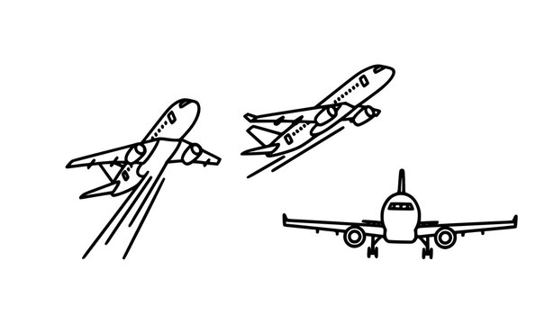 Commercial airplane outline icon set with jet aircraft in dynamic flying angles for aviation and travel design