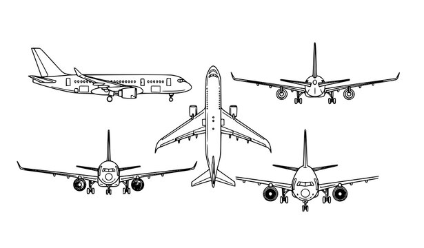 Passenger airplane thin line set with three jet aircraft in side top and perspective views isolated on white