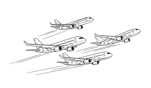 Elegant airplane line art set with three passenger jets in dynamic flight angles for aviation travel themes