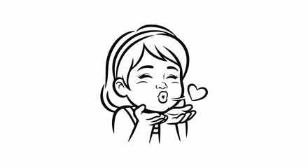 Fototapeta premium A stylized line drawing of a girl blowing a kiss with a heart