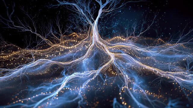 An abstract glowing tree with a vast network of roots and branches emitting particles of blue and gold light. Tree of life, neural network, magical energy.