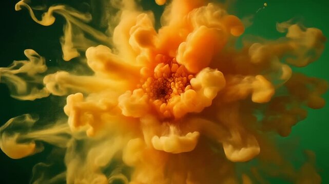 "Dynamic bloom of orange and yellow clouds suspended in green fluid, symbolizing motion, diffusion, and the organic beauty of color blending."