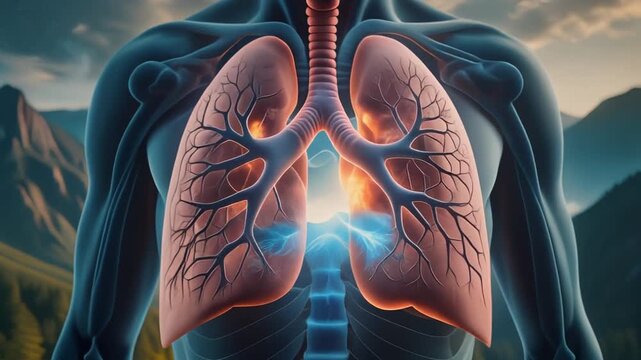 "Detailed human lungs and trachea with branching bronchi, set against mountain landscape, symbolizing respiration, oxygen exchange, and the harmony between biology and nature."