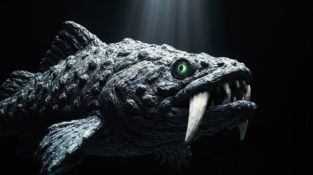 Fangtooth Fish Anoplogaster Cornuta Deep Sea Predator Enormous Fangs Abyssal Ocean Claymation Style Dark Background Cinematic Scientific Animation