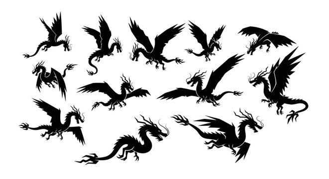 Collection of black silhouette dragons in various dynamic poses and angles