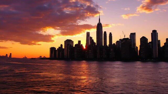 City skyline silhouette at sunset with water reflection and dramatic sky