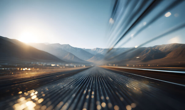 traffic on the road in the mountains at sunset