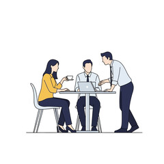 Fototapeta premium Business People Collaborating in a Meeting with Laptop. Team of Professional Office Workers Having a Discussion. Flat Line Vector Illustration.