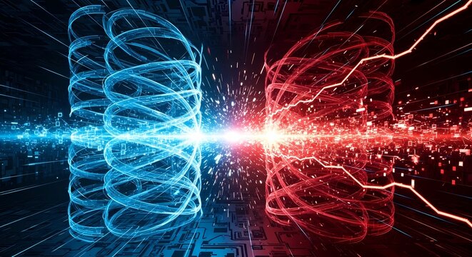 Futuristic cyber warrior defending against powerful digital attacks on a secure network background abstract illustration.