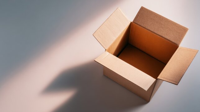 An open cardboard box casting a shadow on a surface. This image emphasizes emptiness, packaging, and delivery