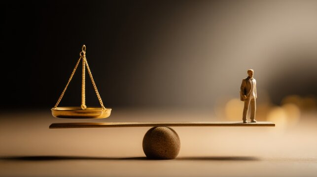 A concept image illustrating the idea of balance, featuring a miniature figure standing on one side of the scale