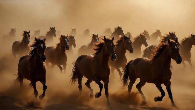 Group of horses sprinting through thick dust on open plain
