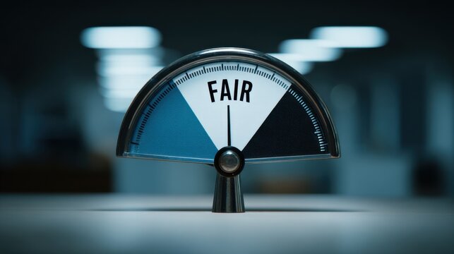 A meter indicating Fair on a balanced scale. This image portrays fairness, balance, and equitable judgement. 