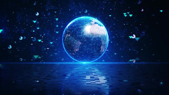 Data exchange, information distribution, global grid, transfer, international trade. 3D Worldwide internet network. Digital Abstract Network Grid Over the Earth. Artificial Intelligence Neural Network
