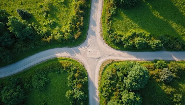 Aerial view of dirt crossroads in green nature. Four paths diverge, suggesting choices, journeys, and directions. Rural landscape offers peaceful exploration and new beginnings.