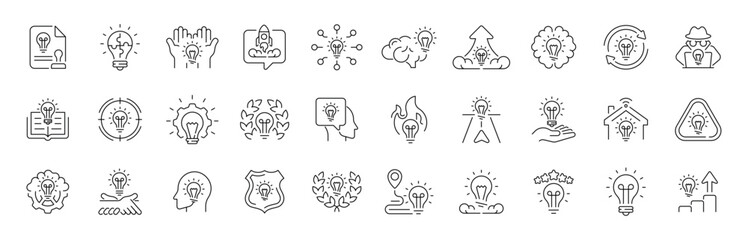 Fototapeta premium Creative idea light bulb outline icon set. editable stroke thin line symbols for innovation and creativity concepts