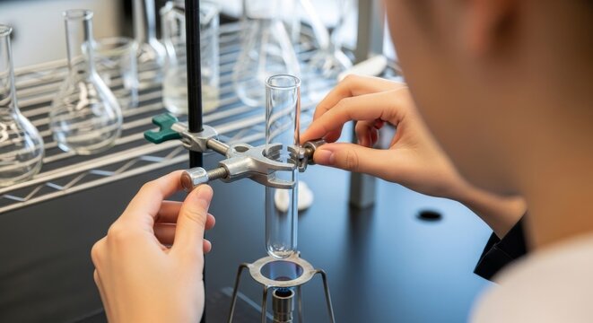 Student Adjusting Clamp on Retort Stand in Laboratory