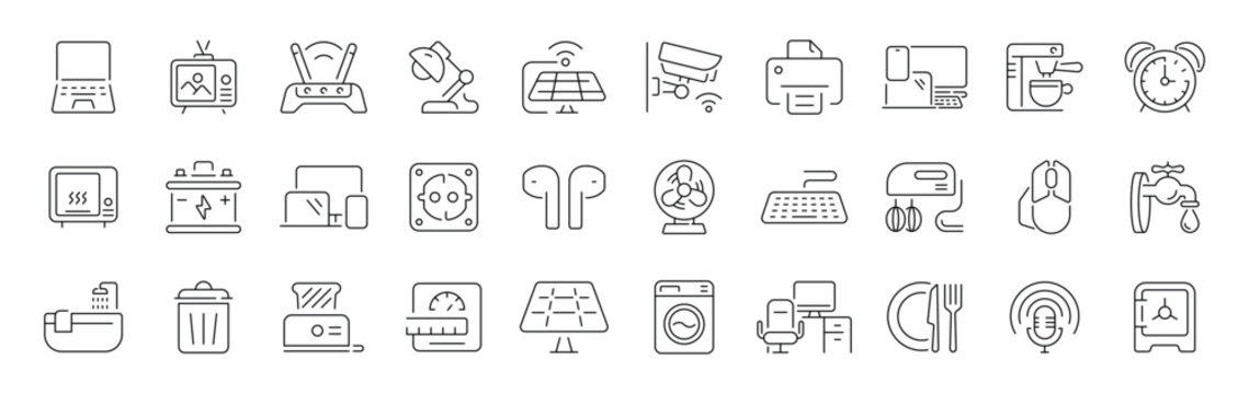 Home and office electronics outline icon set: editable stroke linear style