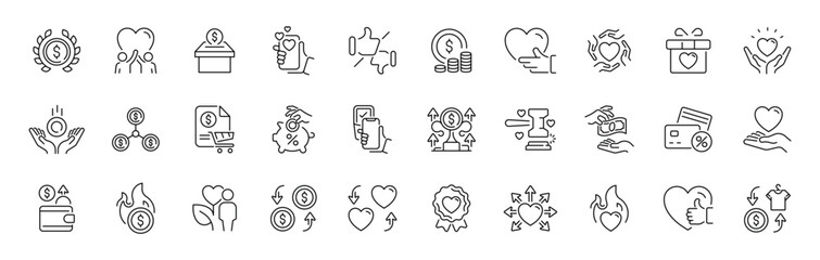 Obraz na płótnie Canvas Charity and donation linear icon set. thin line, editable stroke for giving and fundraising symbols