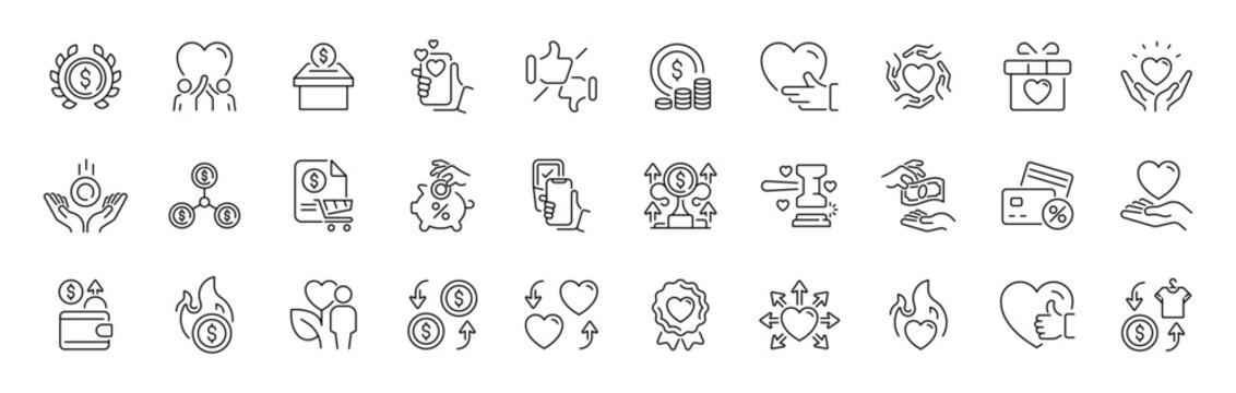Charity and donation linear icon set. thin line, editable stroke for giving and fundraising symbols