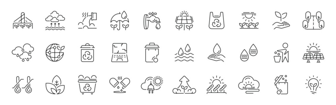 Environmental sustainability outline icon set: thin line editable stroke designs for eco-friendly concepts