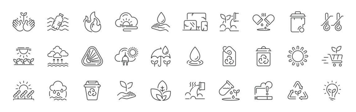 Eco friendly line icon set with thin outline and editable stroke for sustainability concepts