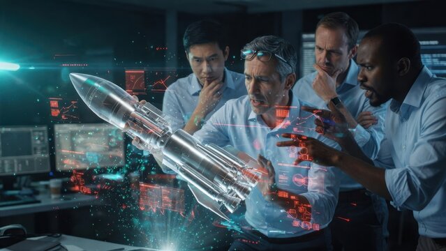 Engineers analyzing rocket with digital interface technology
