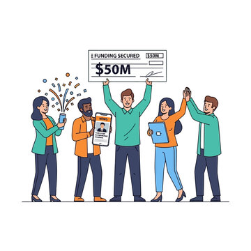 Diverse Startup Team Celebrating $50M Funding Secured with Giant Check and Confetti