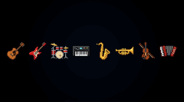 A set of detailed pixel art musical instruments, perfect vector illustration game elements for retro gaming or digital music themes