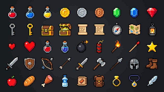 A vibrant collection of 8-bit pixel art game elements, presented as a versatile vector illustration for digital and creative projects