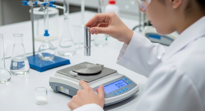 Student Calibrating Digital Scale in Laboratory