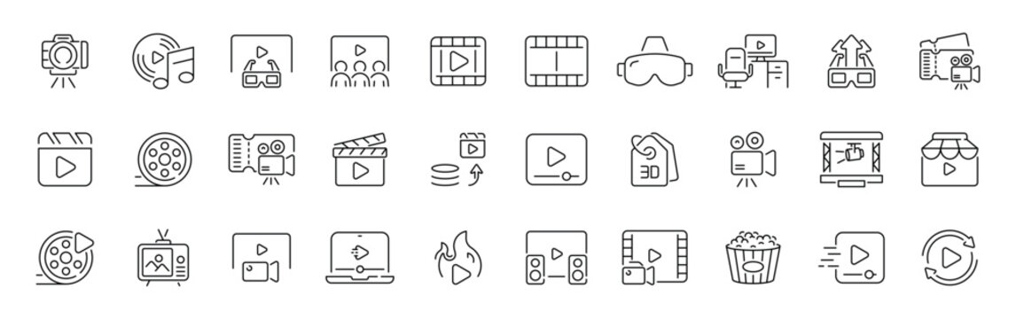 Multimedia and entertainment outline icon set. thin line style with editable stroke for video, music, and vr symbols